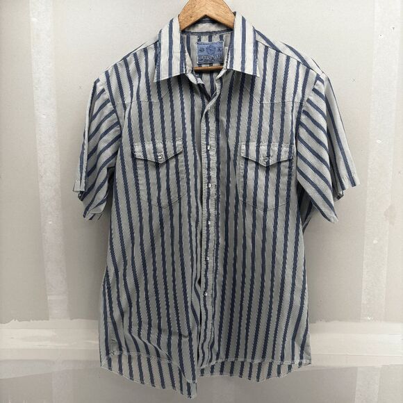 Vintage American Hero Shirt Mens L Blue Striped Western Pearl Snap X-Long Tails - Picture 1 of 5